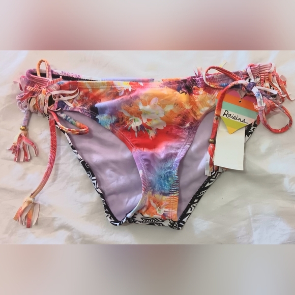 3/10 NWT RAISINS Bikini Bottom Boho Aztec Tribal Fringe Side Ties Multicolor M - Picture 1 of 8